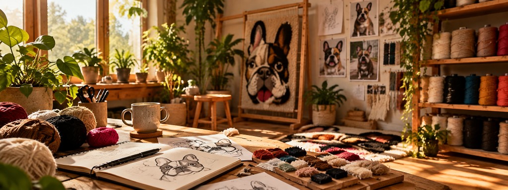 Sunlit studio with a French bulldog rug on the frame, sketchbook, and yarn on the worktable