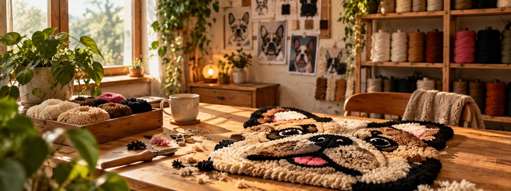Sunlit studio with a bulldog tufted rug on the worktable and yarn on the shelves