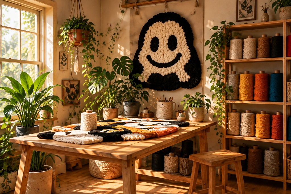 Sunlit tufting studio with yarn shelves and rugs in progress