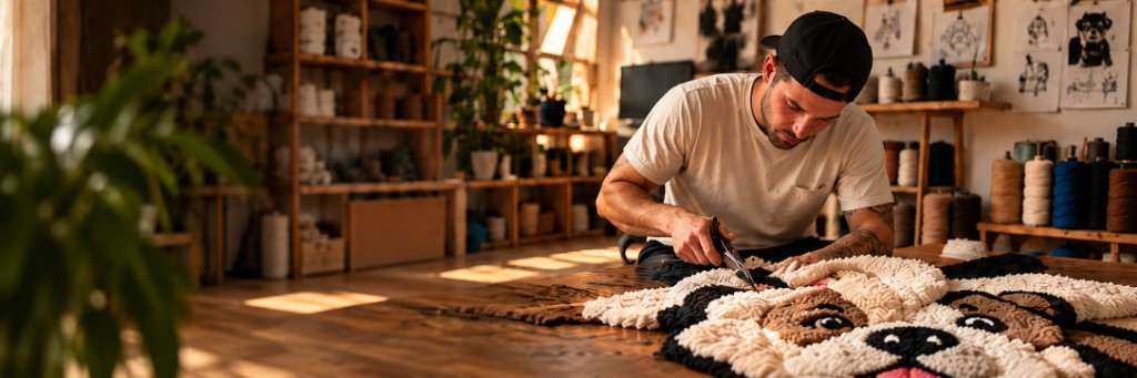 Maker working on a custom tufted rug