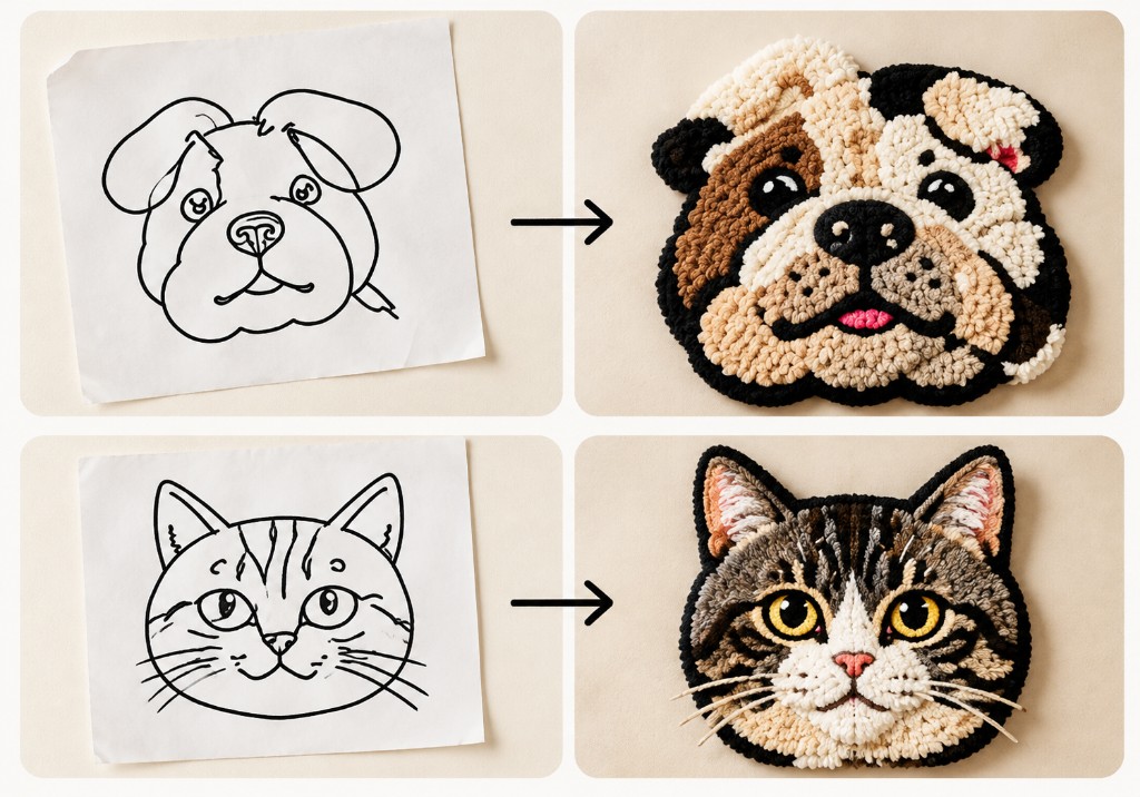 Sketches transformed into handmade tufted pet portrait rugs
