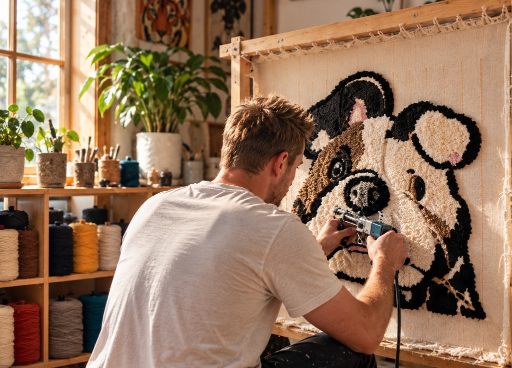 Maker working on a tufted rug