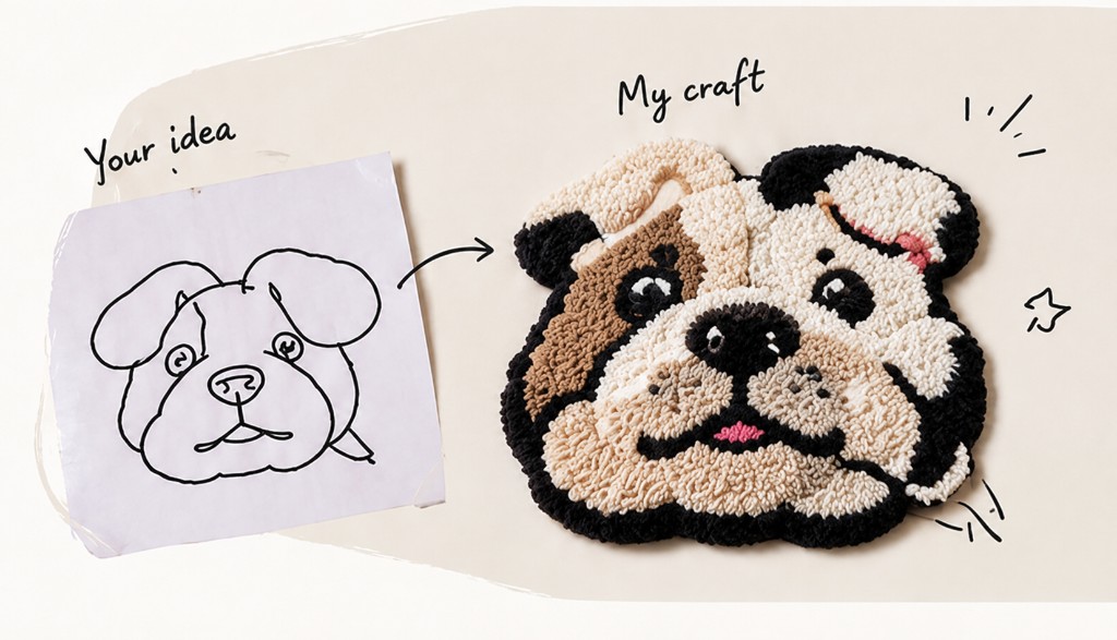 Sketch of a dog transformed into a handmade tufted rug