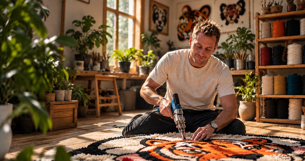 Maker tufting a rug in the studio