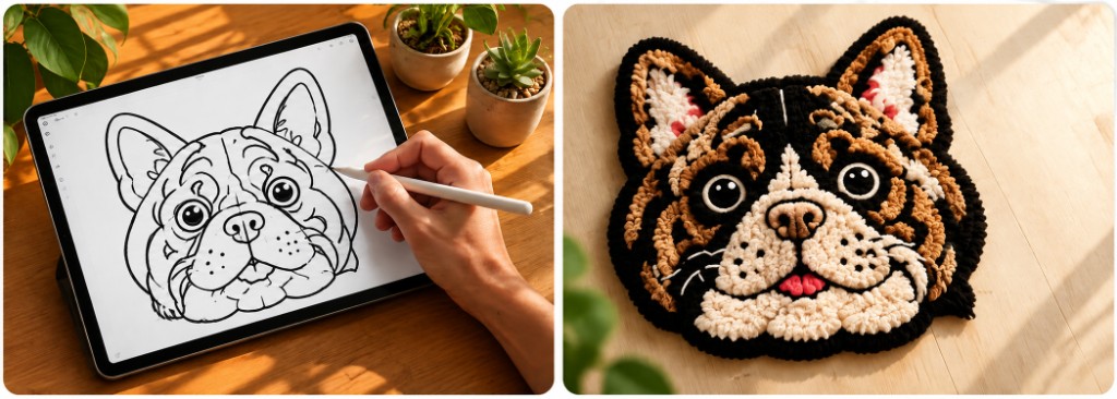 Drawing a bulldog design on a tablet beside the finished tufted bulldog rug