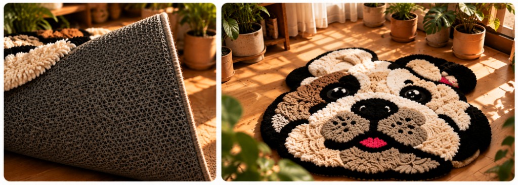 Close-up of non-slip mesh backing and edging beside the finished bulldog rug on a sunlit floor