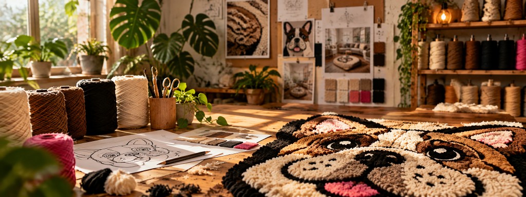 Sunlit studio with sketch, yarn, and a bulldog rug in progress on the worktable