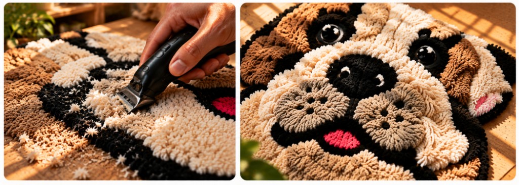 Trimming a tufted rug with clippers beside a top-down view of the shaped bulldog rug