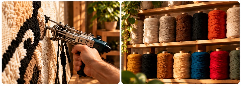 Tufting a wavy rug with a tufting gun beside shelves of colorful yarn spools