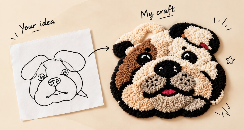 Sketch labeled Your idea beside a finished bulldog tufted rug labeled My craft